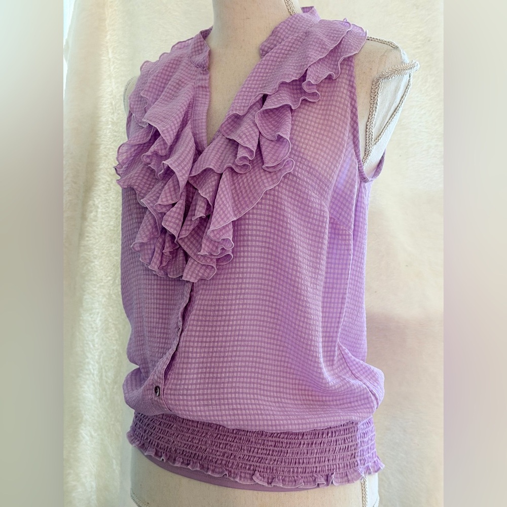 BCX Y2K Women's Lavender Ruffled Gingham Sleeveless Career Office Work Top Small - Picture 3 of 16
